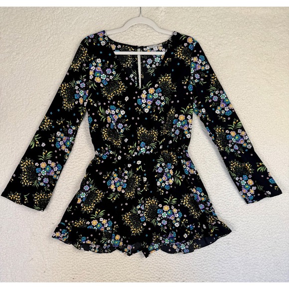 Patrons of Peace Pants - Patrons Of Peace Romper Womens M Black Floral Ruffle Whimsygoth Festival